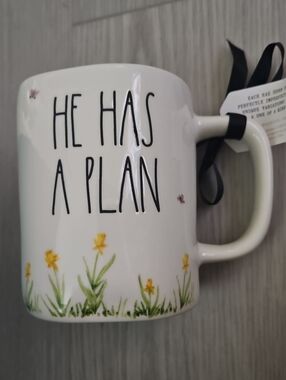 He Has a Plan Ceramic Mug - White with Yellow Floral Accent